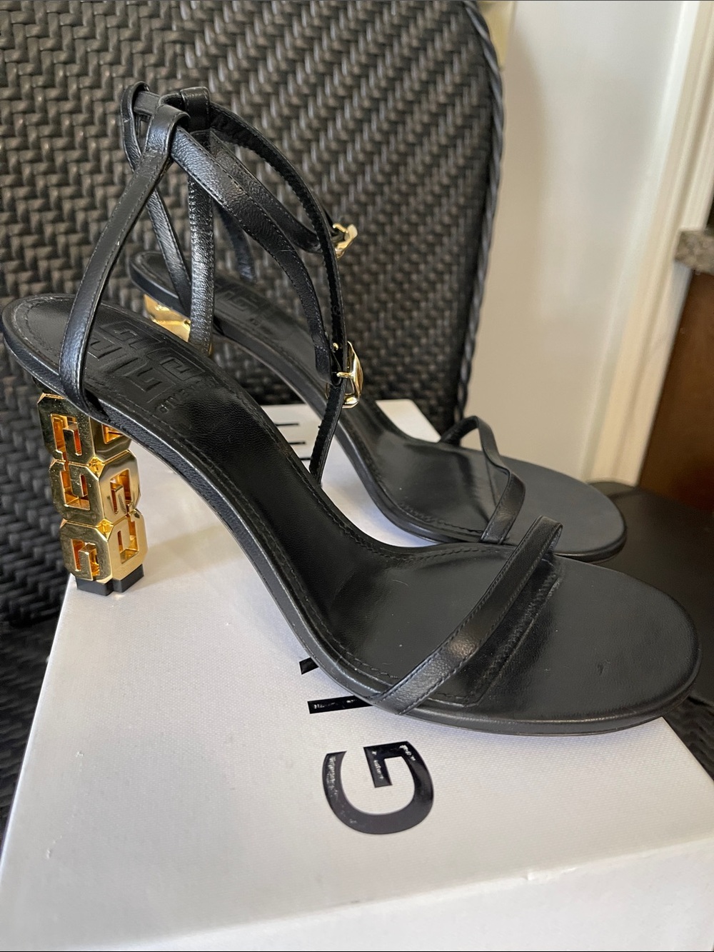 Givenchy G Cube Black Leather Strappy Heels 39